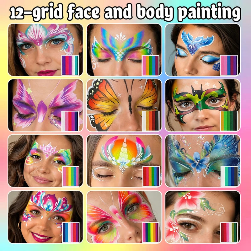 Rainbow Face & Body Paint Palette - Water Activated Makeup Kit for Halloween Cosplay Festival