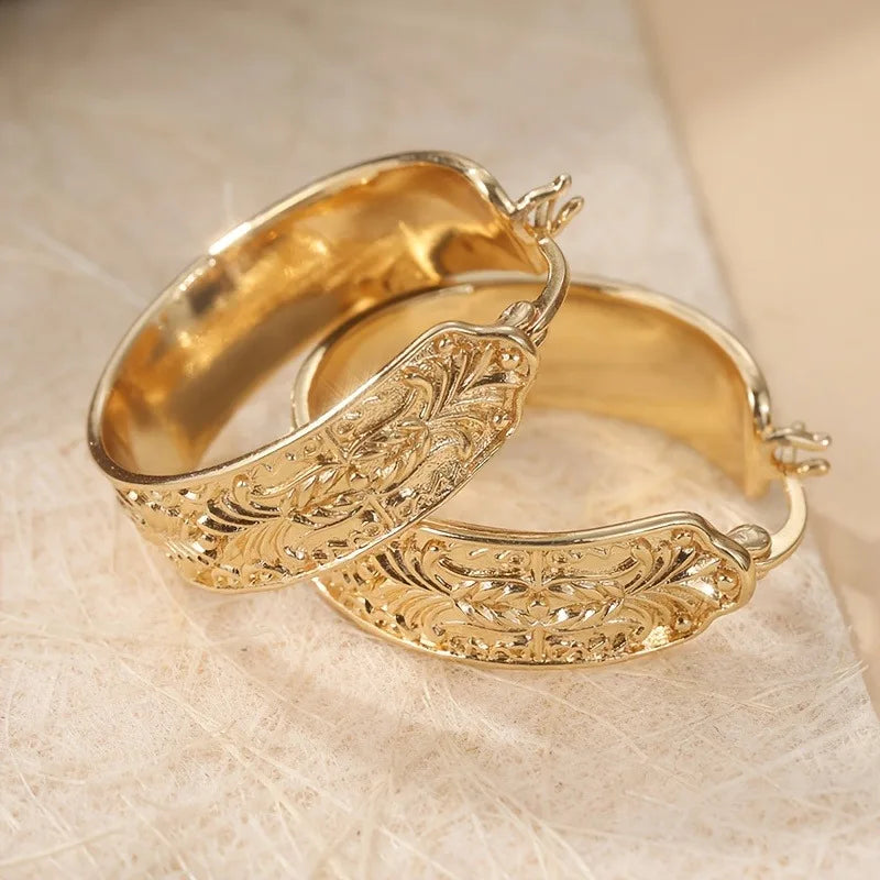 Vintage Gold Hoop Earrings for Women - Hand Carving Pattern Party Daily Wear