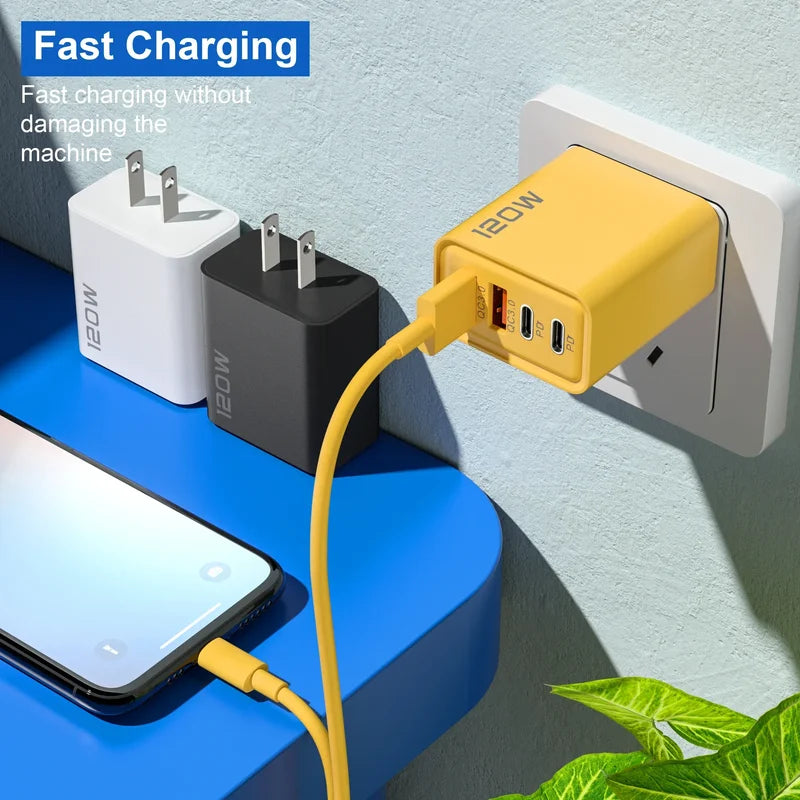 120W USB-C Fast Charger with Multiple Ports for Smartphones and Tablets