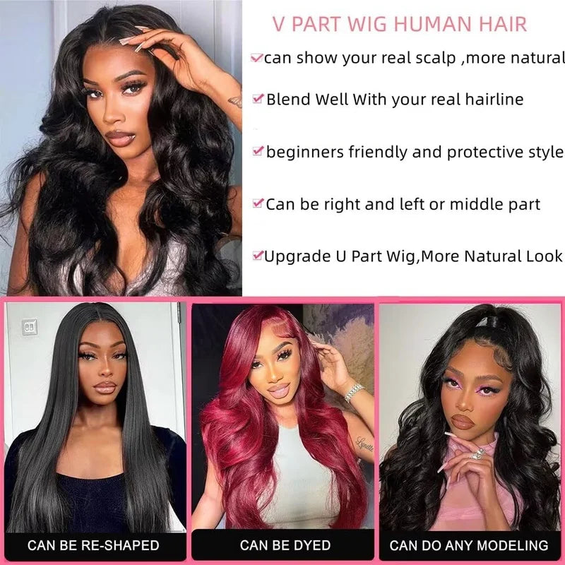 V Part Human Hair Wigs for Women - Body Wave, Natural Color, Beginner Friendly Clip-In Style