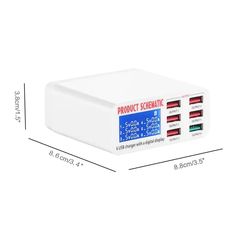 6-Port USB Fast Charger with LCD Display - Smart Phone & Tablet Desktop Power Adapter