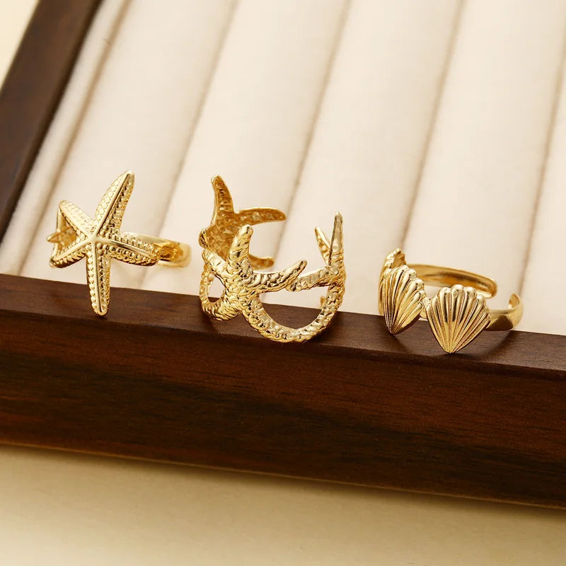 Vintage Metal Ocean Shell Starfish Open Mouth Rings Set for Women & Girls - Summer Party Jewelry