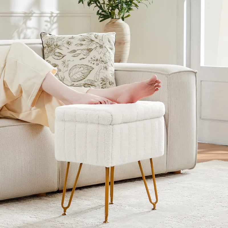 Faux Fur Storage Ottoman with Hidden Compartment, Adjustable Legs, Multi-Use Seat for Living Room