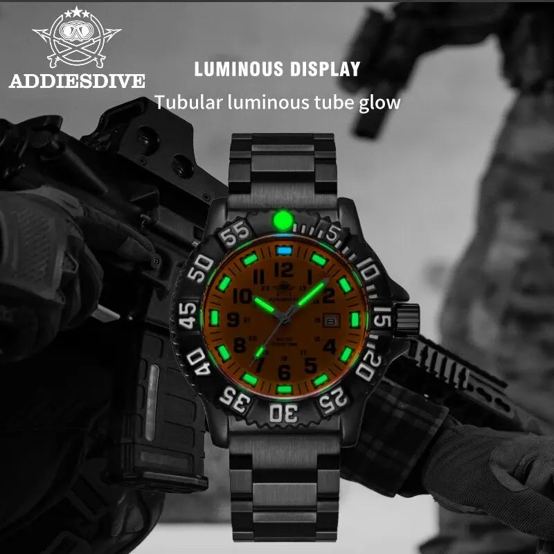 Men's Military Style Waterproof Sports Watch with Luminous Dial and Steel Strap