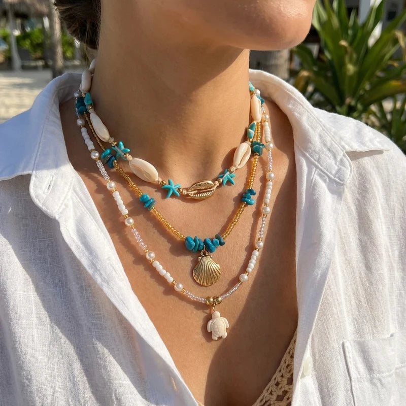 Bohemian Pearl Starfish Pendant Necklace for Women - Trendy Irregular Blue Stone Beads, Link Chain, Beach Party Jewelry