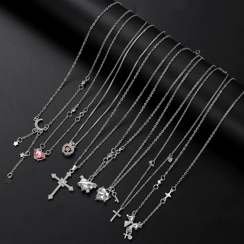 8pcs Y2K Heart Bow Cross Necklace Set for Women - Shiny Clavicle Chain Jewelry