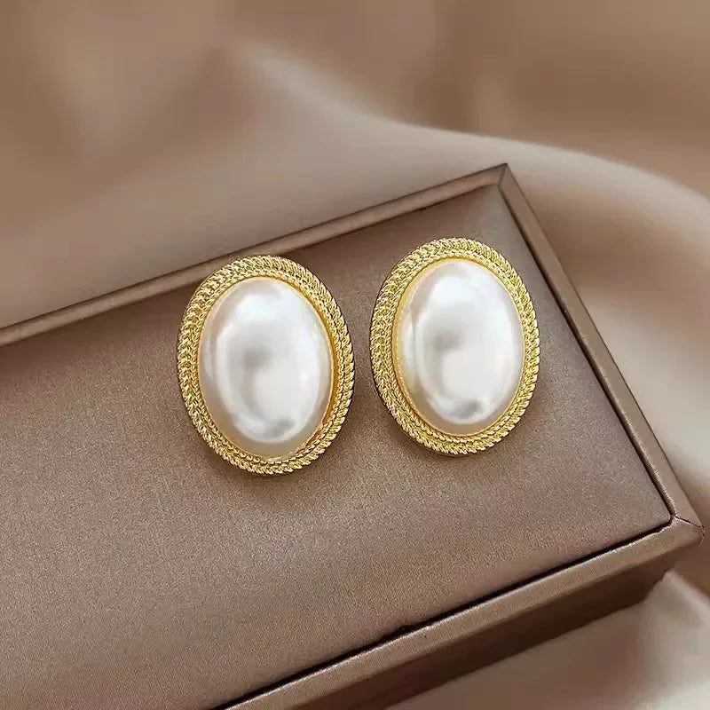 Delicate Baroque Imitation Pearl Oval Stud Earrings for Women - Korean Style Jewelry