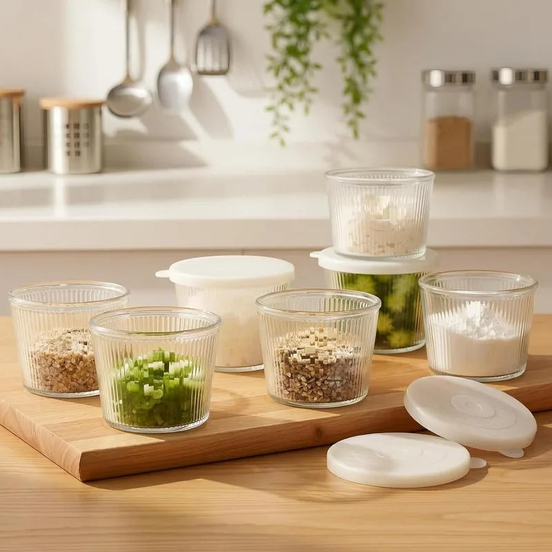 Set of 4 Small Glass Food Storage Bowls with Lids - Stackable Clear Stripe Design
