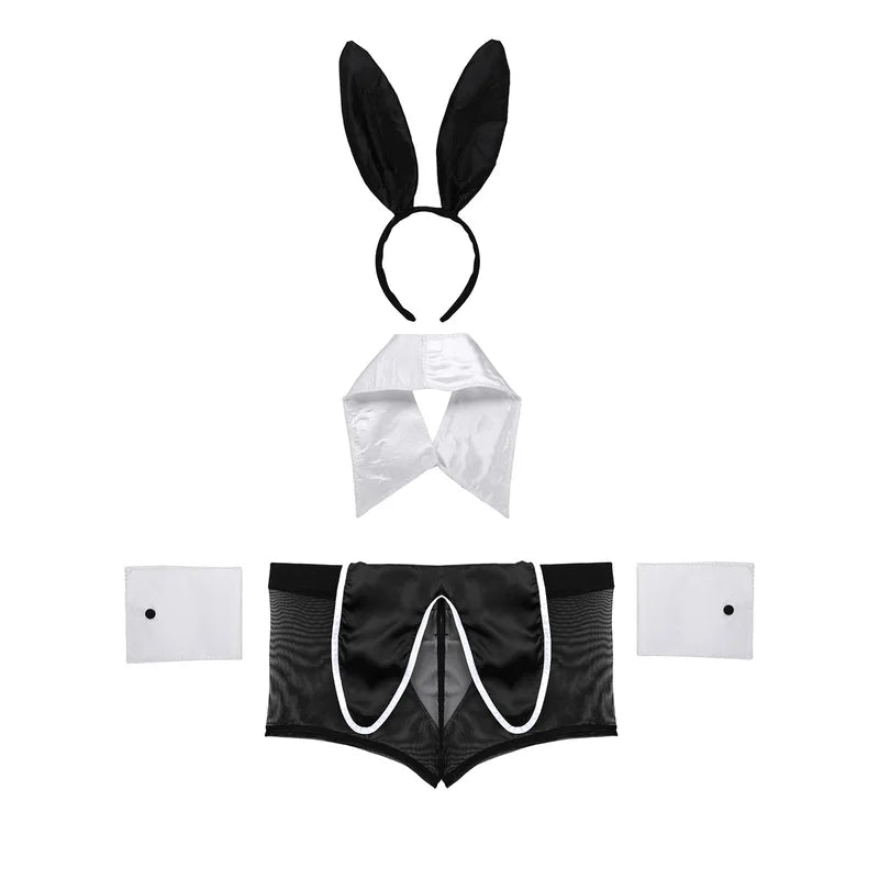 Men's Bunny Cosplay Costume Set with Sheer Boxer Briefs Rabbit Ears Headband and Accessories