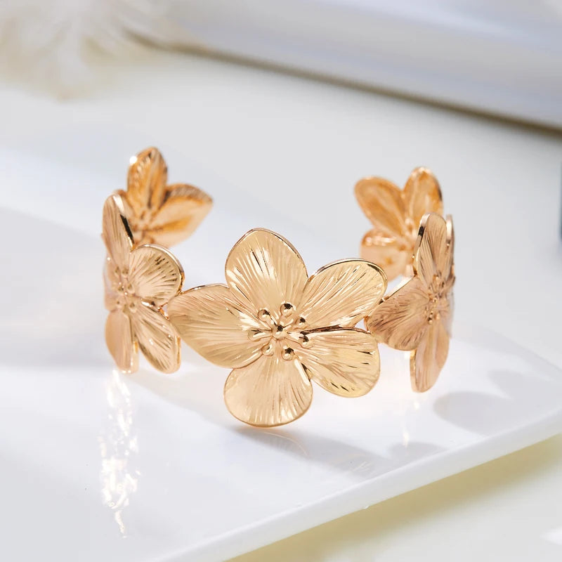 Adjustable Hollow Flower Butterfly Cuff Bracelet for Women - Gold Plated Jewelry