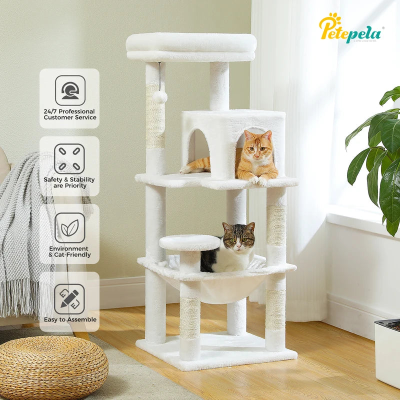 Multi-Level Indoor Cat Tree Tower with Large Hammock and Big Top Perch - Suitable for Large Cats