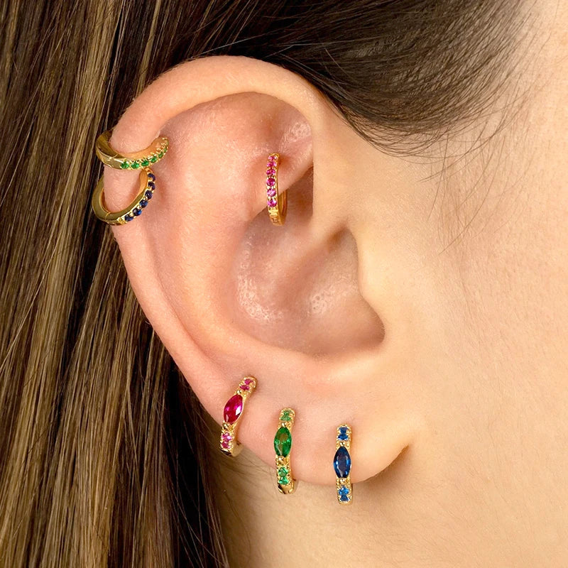Sterling Silver Geometric Hoop Earrings with Zircon - Multiple Colors