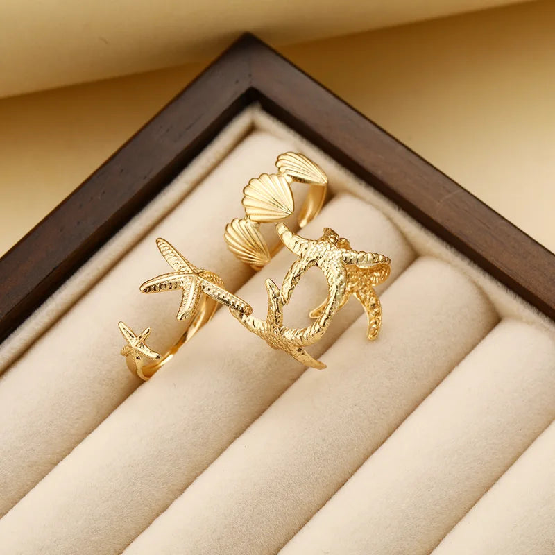 Vintage Metal Ocean Shell Starfish Open Mouth Rings Set for Women & Girls - Summer Party Jewelry