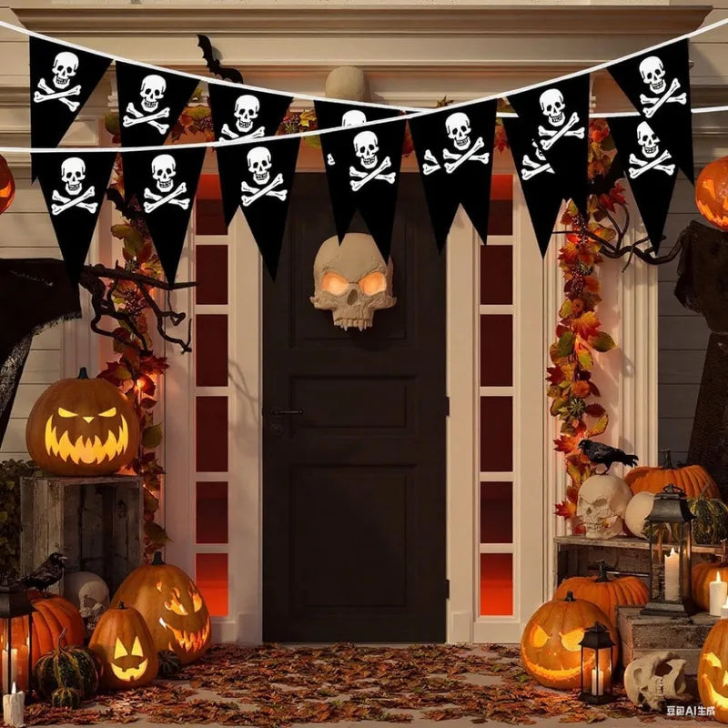 Black Skull Halloween Pennant Banner - Ghost Festival Party Decorations