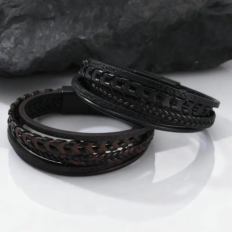 Multi Layer Braided Rope Bracelets for Men - Handmade Leather Wristband with Magnetic Buckle, Trendy Punk Jewelry Gift