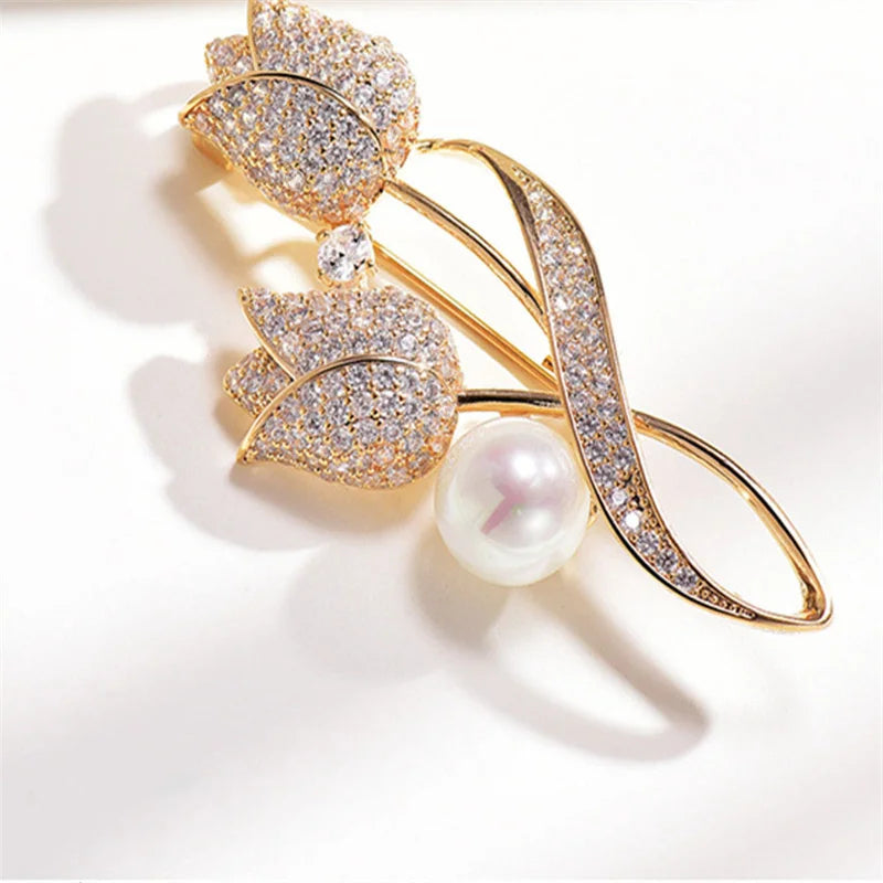Luxury Tulip Flower Brooch with Rose White Stone - Elegant Jewelry Accessory
