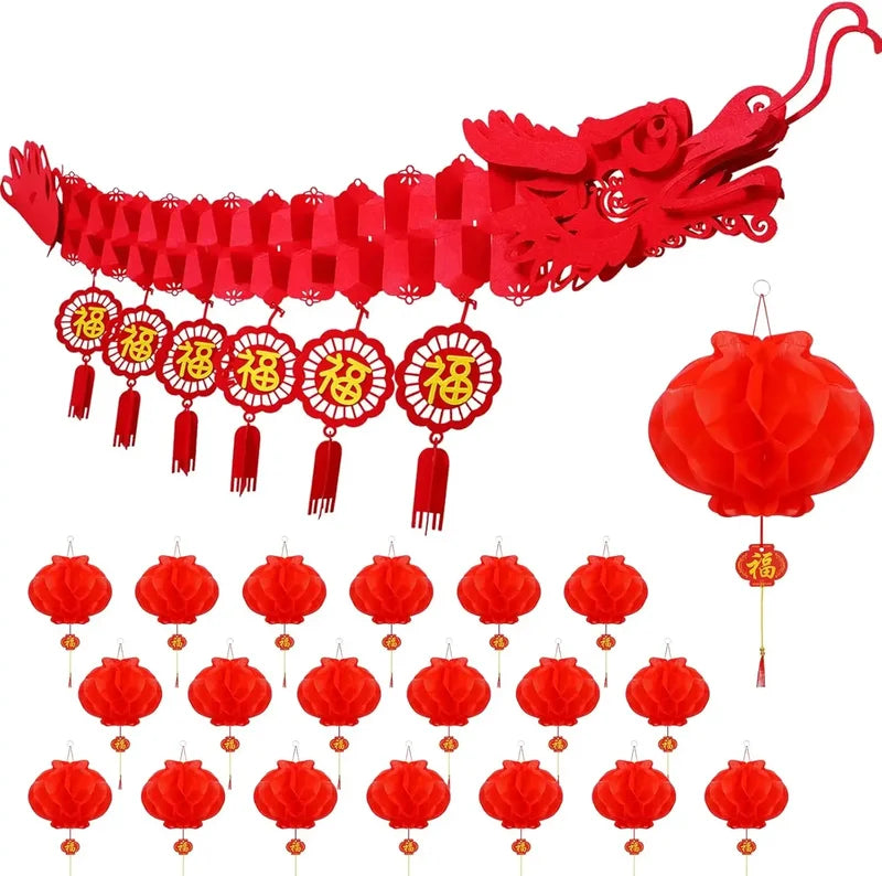 Chinese New Year Dragon Decorations with Paper Lanterns for Lunar Festival Celebration