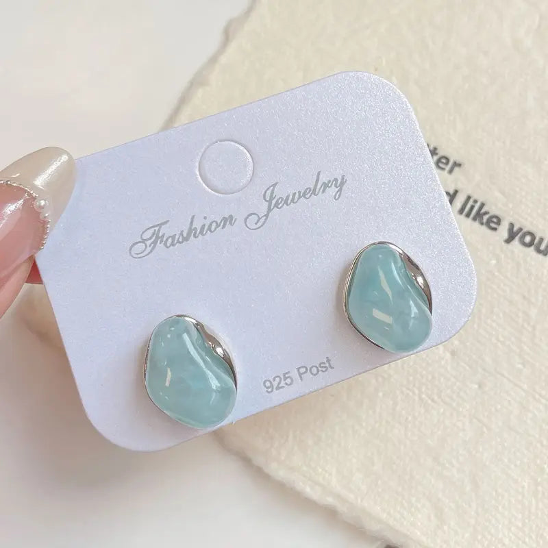Unique Geometric Bean Stud Earrings with Blue Jelly Resin - Cute Jewelry Gift