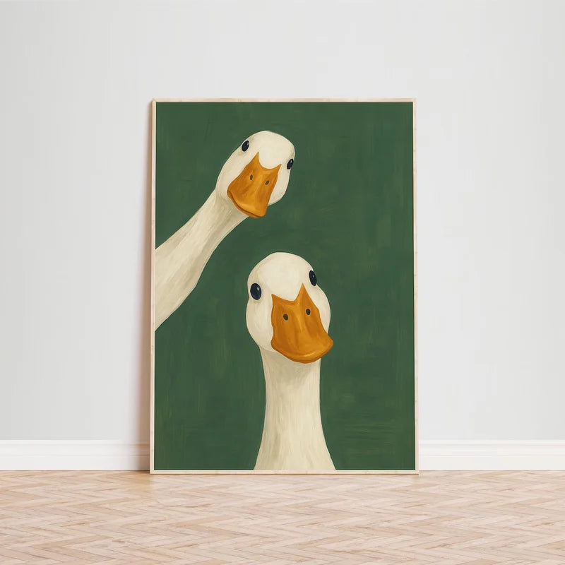 Serene Duck Wall Art - Green Fowl Friendship Canvas Print for Home Decor