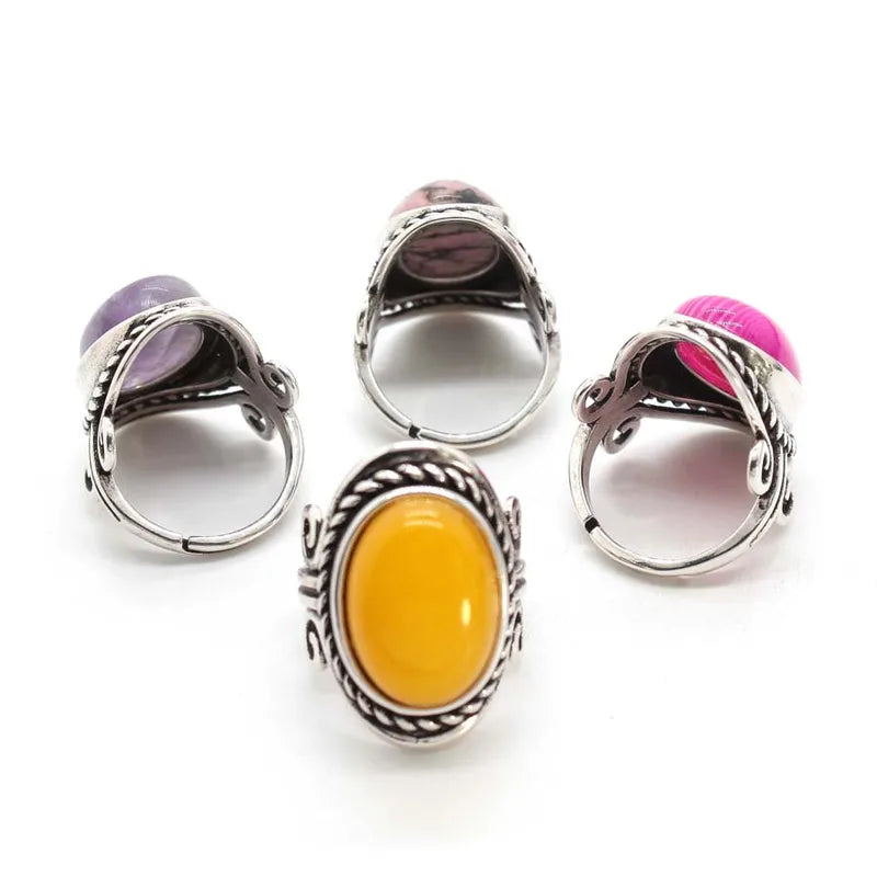 Vintage Adjustable Gemstone Ring for Men & Women - Rose Quartz, Amethyst, Onyx, Agate Jewelry