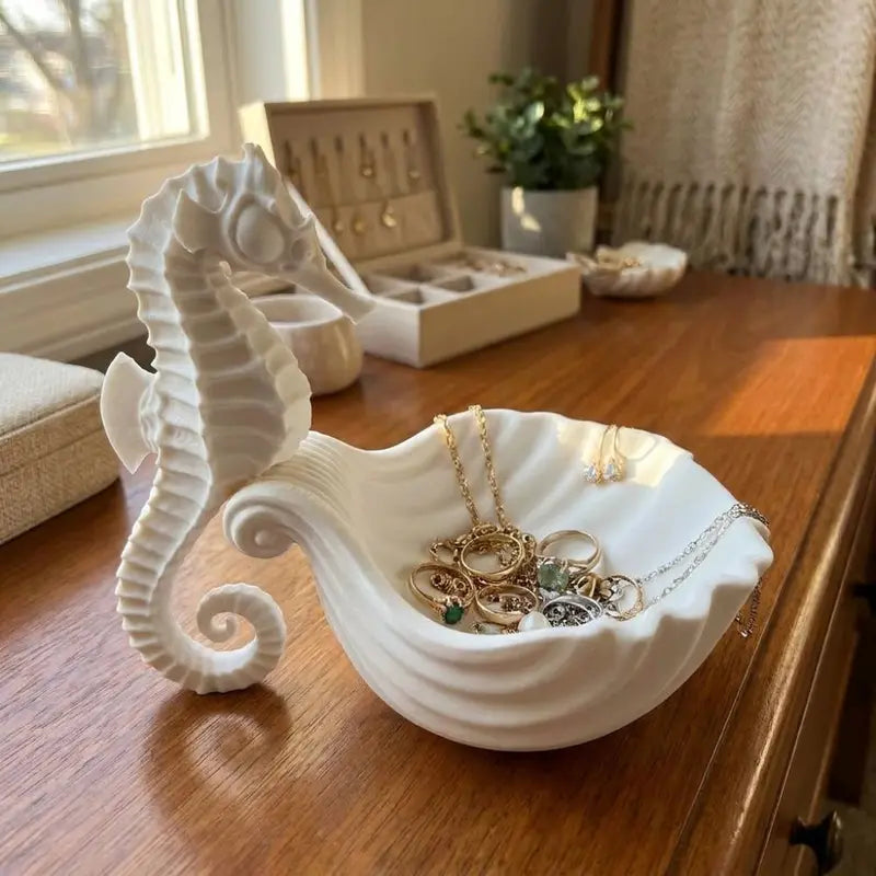 Seahorse-Shaped Plastic Jewelry Storage Tray - Desktop Organizer, White