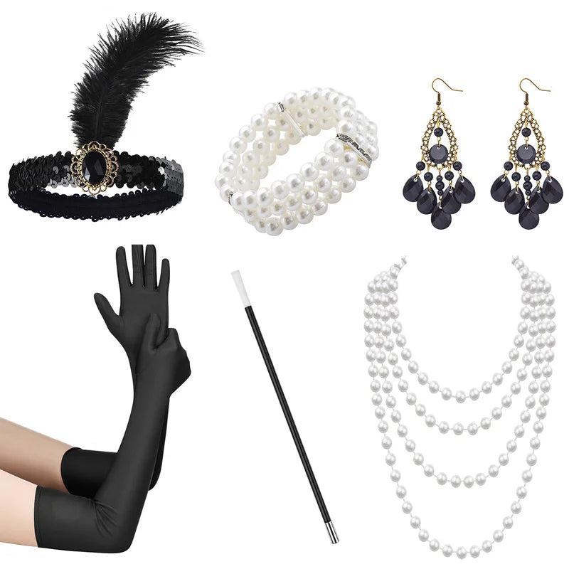 1920s Gatsby Costume Jewelry Set with Headband Gloves Earrings Necklace for Halloween Party