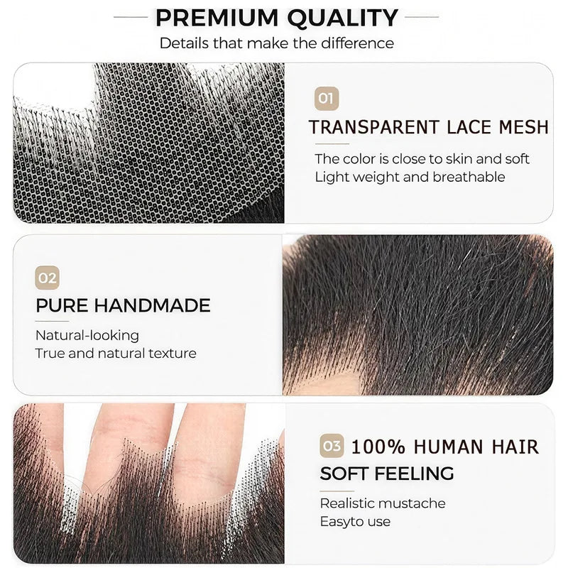 Realistic Fake Beard & Mustache - Human Hair, Invisible Lace, Cosplay Accessory