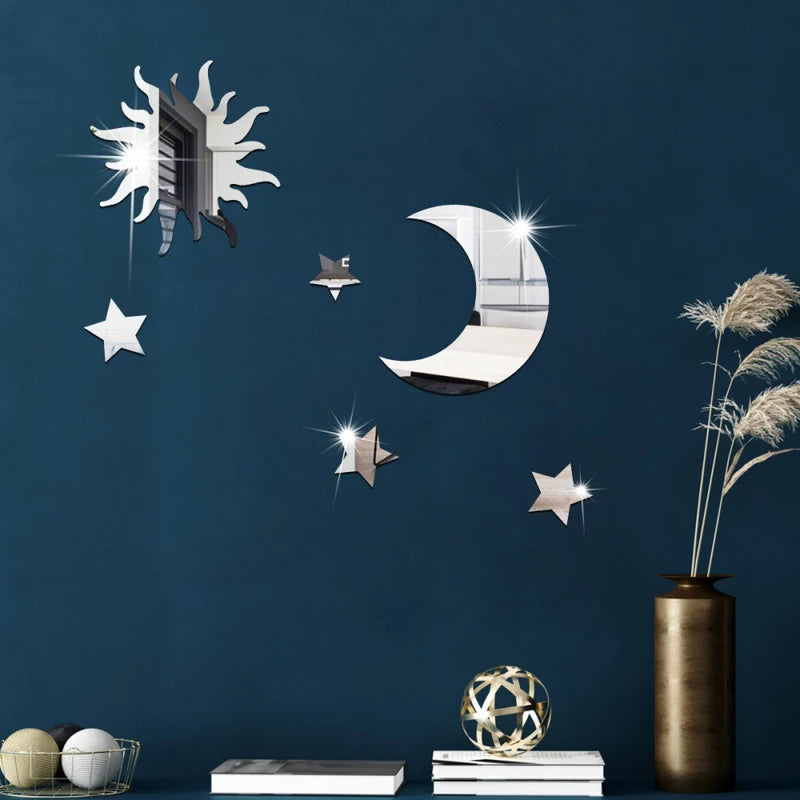 6PCS Star Moon Acrylic Mirror Wall Stickers - Self-Adhesive Decor for Bedroom & Living Room