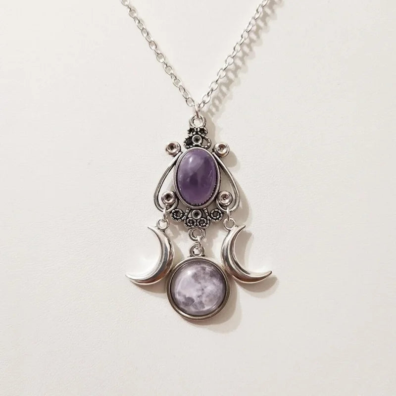 Green Quartz Crystal Necklace for Women Vampire Embossed Witch Jewelry - Multiple Metal Colors