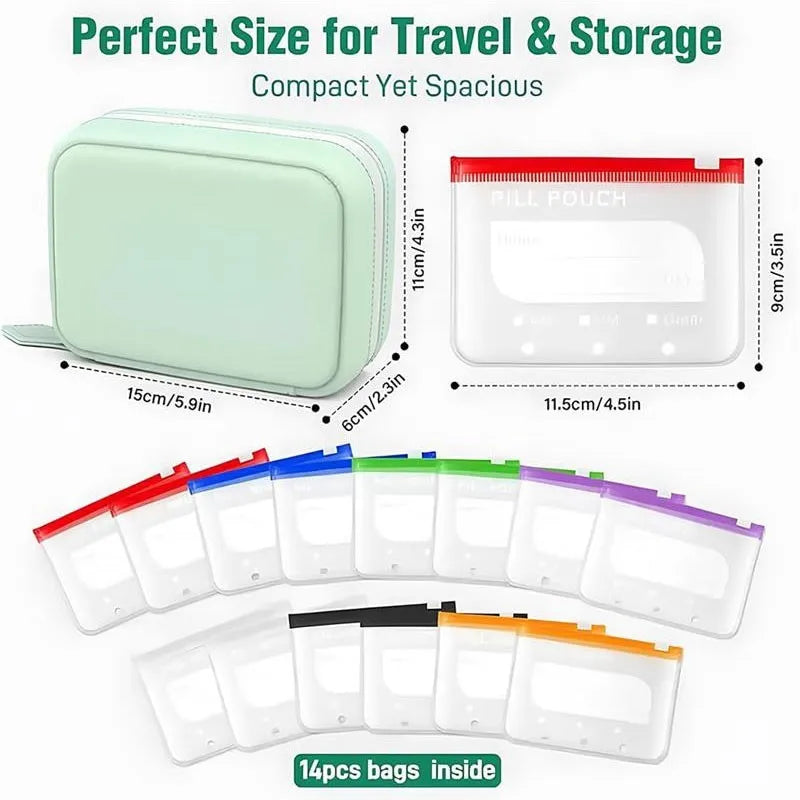 Waterproof Pill Pouch Set with Writable Labels - 14 Color-Coded Travel Medication Organizers