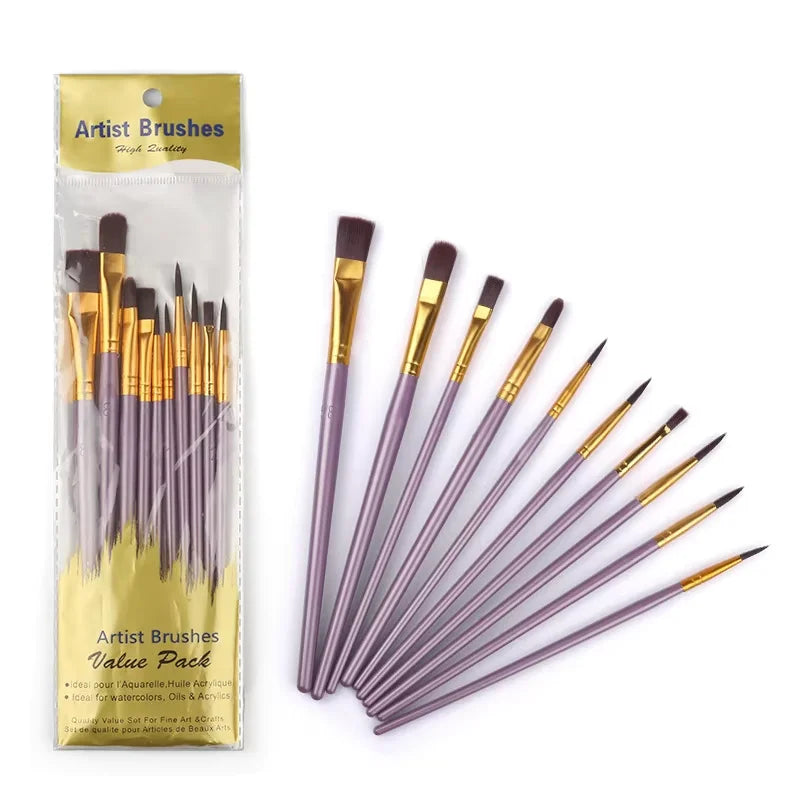 10-Piece Artist Paint Brush Set - Nylon Bristle Watercolor, Acrylic & Oil Brushes