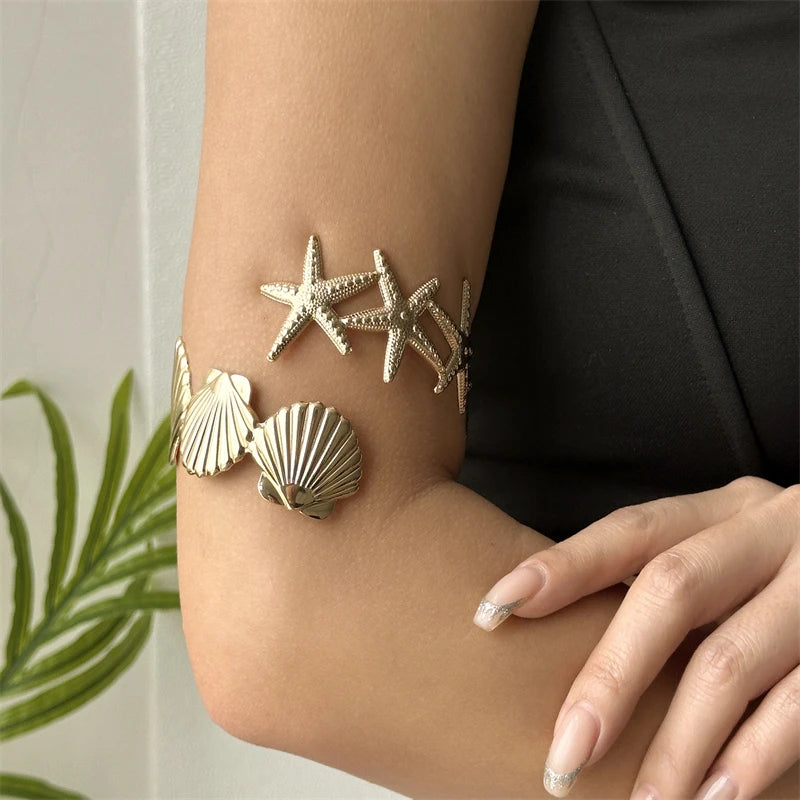 Sea Star Starfish Shell Upper Arm Bracelet for Women Beach Vacation Jewelry Adjustable Nautical Armlet