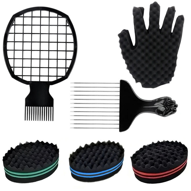 Afro Curly Hair Sponge Brush & Comb Set for Styling & Twisting - Salon Hair Tools