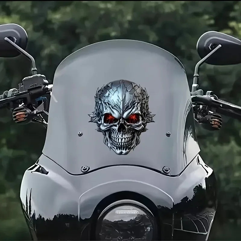 Halloween 3D Metal Skull Decal with Red Glowing Eyes - Durable Vinyl Sticker for Cars Motorcycles Bicycles
