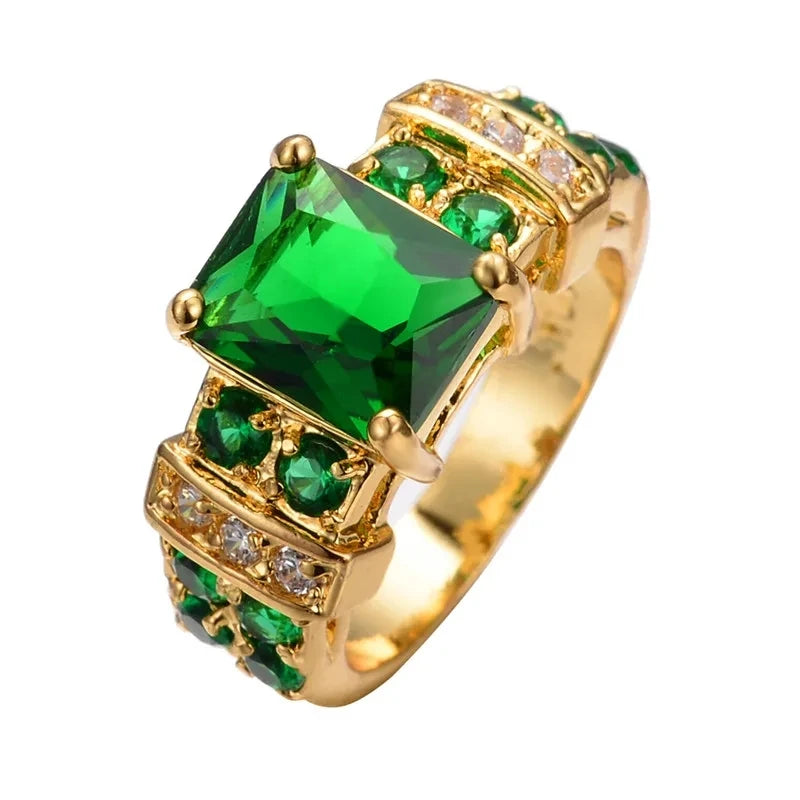 Green Crystal Ring Charm Gold Tone Wedding Engagement Jewelry for Women