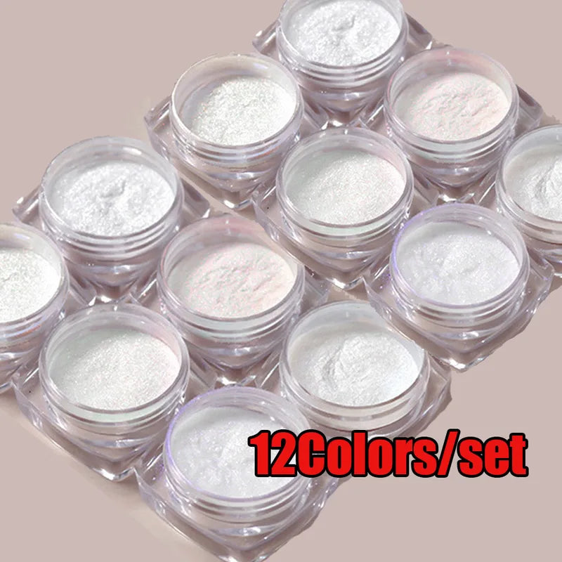 12Pcs Nail Mirror Powder Set - Aurora White Chrome Pigment for UV Gel Manicure
