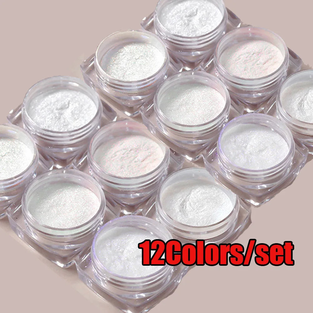 12Pcs Nail Mirror Powder Set - Aurora White Chrome Pigment for UV Gel Manicure