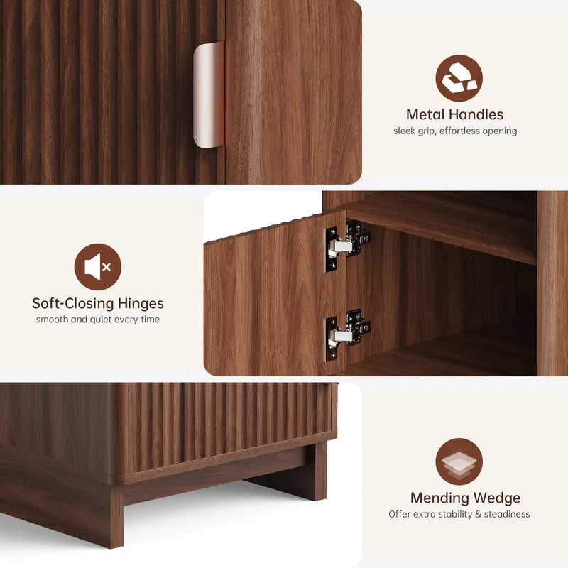Nightstand with Charging Station, Fluted Wood Side Table with Storage Drawers