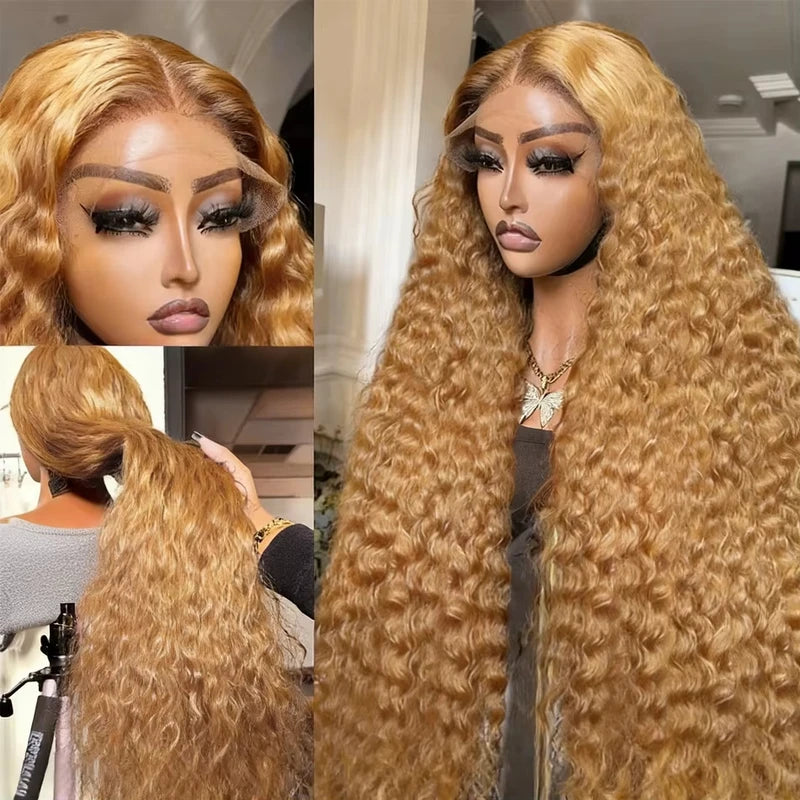 Deep Wave Lace Front Wig Honey Blonde HD 13x6 Transparent Frontal Human Hair 26-32in