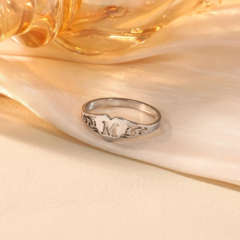 Stainless Steel A-Z Letter Heart Rings for Women - Hollow Initial Jewelry