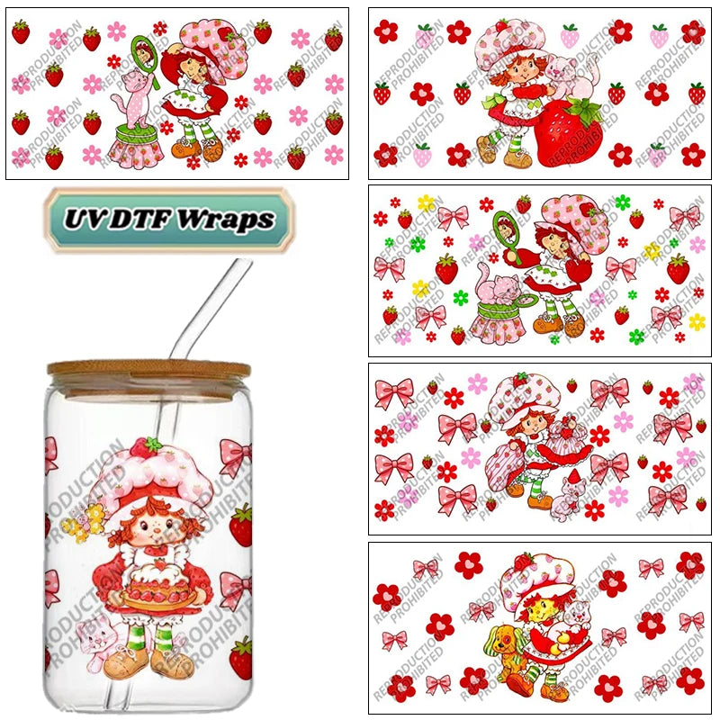 Cartoon Strawberry Girl UV DTF Cup Wrap Transfer Sticker for 16oz Glass Can DIY Decal