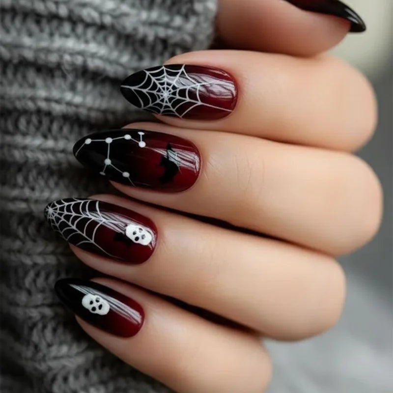 24pcs Halloween Fake Nail Tips with Bat Skeleton & Spider Web Patterns - Press-On Nails