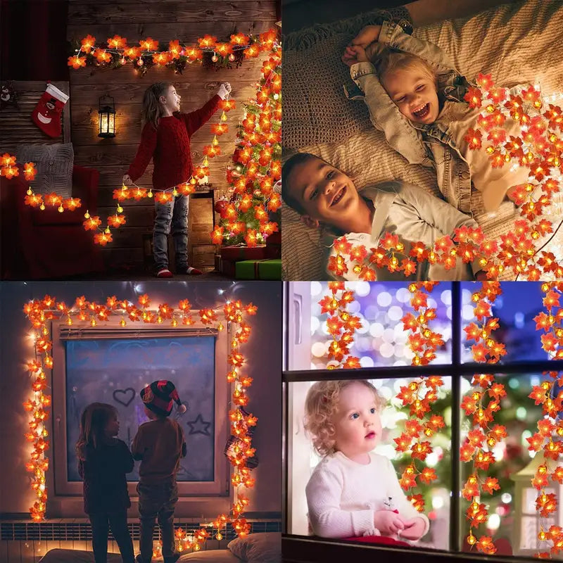 LED Halloween Fairy Light Garland with Pumpkin & Maple Leaf Decorations - Battery Powered Indoor Outdoor Decor