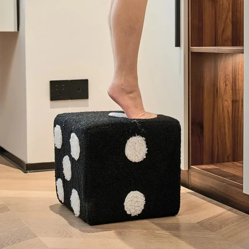 Cubic Imitation Lamb Wool Shoe Stool — Creative Dice-Shaped Wooden Furniture