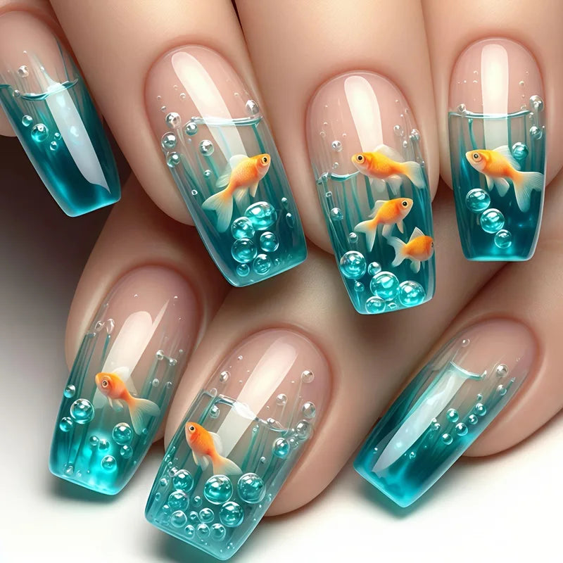 Medium Long Square Fake Nails for Women Summer Fish Design Full Cover Press-On Acrylic Nails