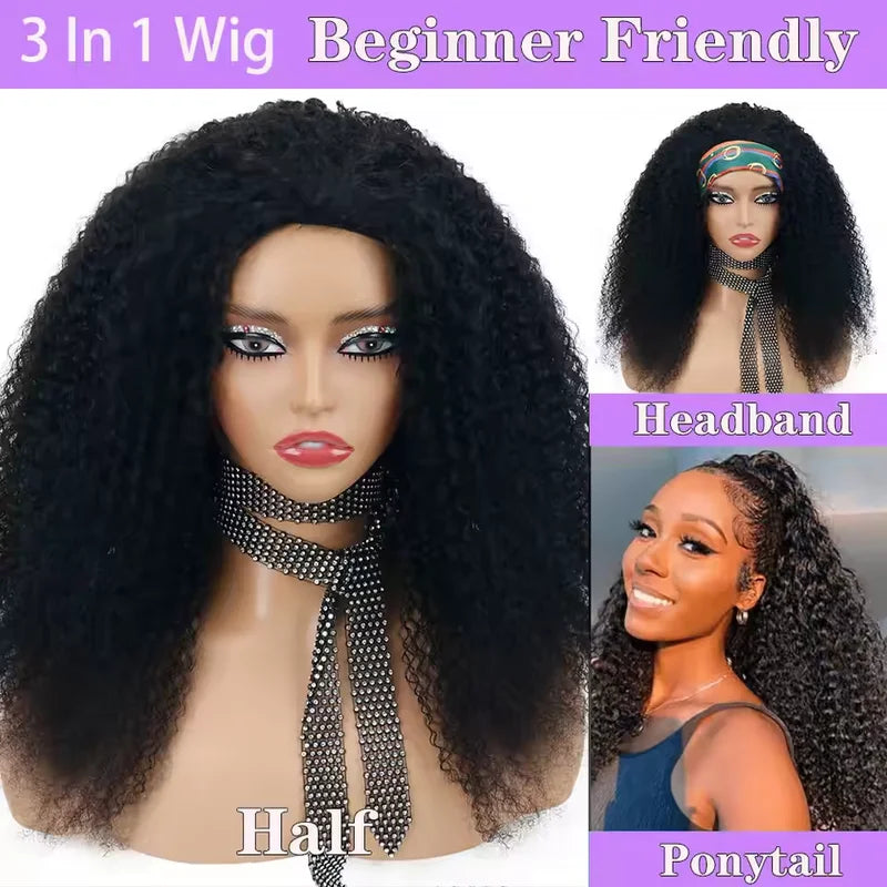 3-in-1 Curly Half Wig with Drawstring Clip-Ins, Kinky Textured, 200% Density