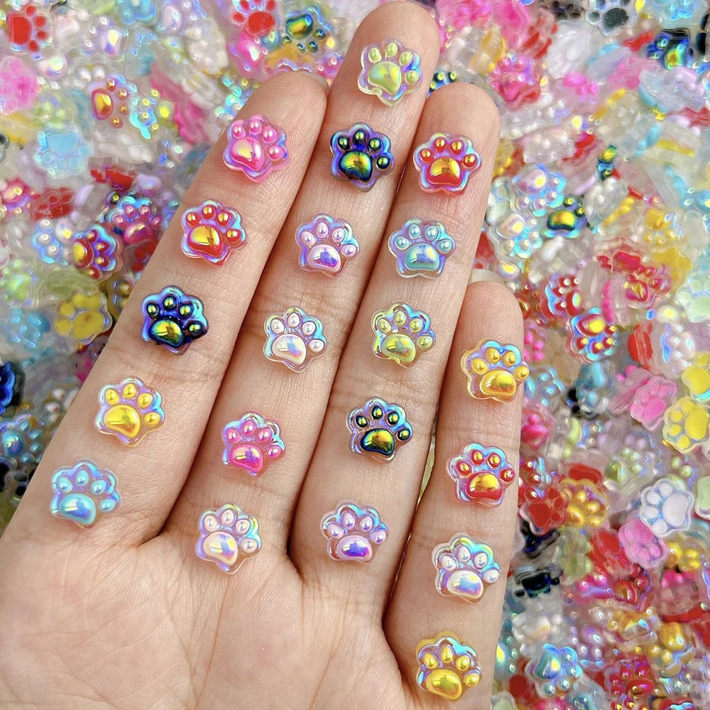 50Pcs Cat Paw Nail Charms Aurora Luminous Animal Paw Nail Art Decorations Cute Resin Flatback DIY