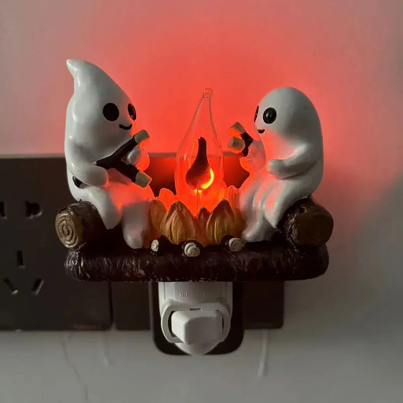 Ghost Campfire Nightlight with Flickering Flame & Whimsical Ghost Decor — Halloween Gift