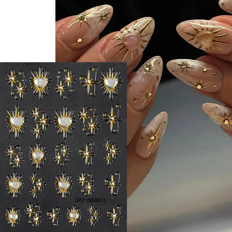 2Pcs Shiny Gold Heart and Star Nail Art Stickers - 3D Rhinestone Decals