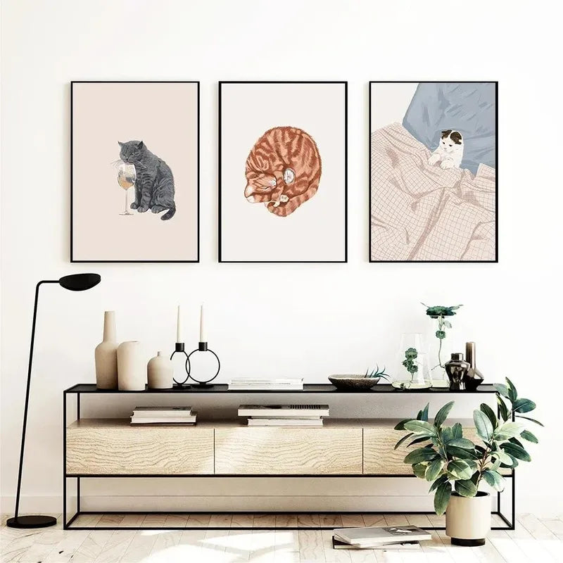 Funny Cat Champagne Wall Art Canvas Poster for Living Room Home Decor